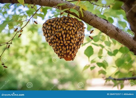 Wild Hive Hanging From Tree Branch With Bees Stock Image Image Of