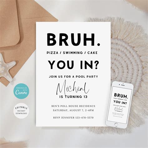 Bruh Birthday Invite Bruh It S My Birthday Invitation Teenager Birthday Card Pool Birthday