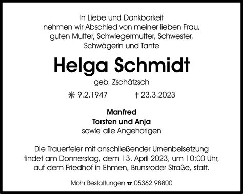 Traueranzeigen Von Helga Schmidt Trauer38 De