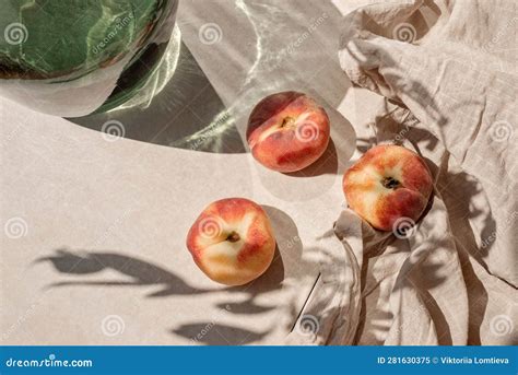 Ripe Peaches On Tan Beige Tabletop Background With Abstract Aesthetic