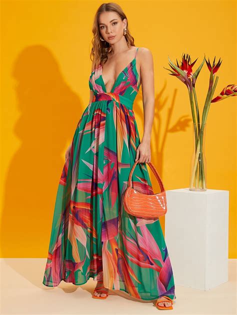 Shein Sxy Birds Of Paradise Floral Print Crisscross Backless Chiffon