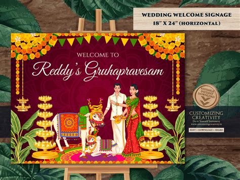 Indian Housewarming Banner As Gruhapravesam Sign With Cow Gruha