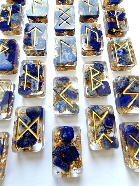 Lapis Lazuli And Gold Leaf Futhark Runes Set With Rune Meaning Deck And