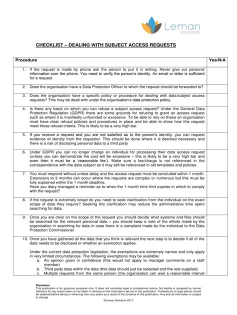 Fillable Online Checklist Dealing With Subject Access Requests Fax