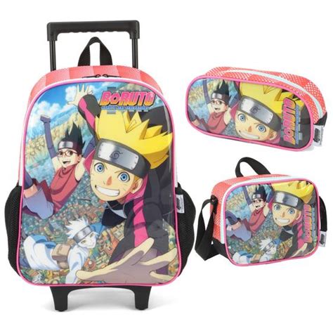 Kit Mochila De Rodinhas Naruto Boruto Lancheira Estojo Infantil