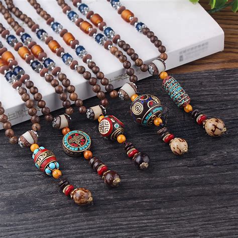 WEIYU Handmade Tibetan Ethnic Sanwood Wood Necklace Vintage Nepal Beads