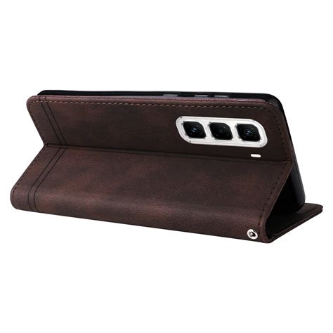 For Infinix Hot Pro G Skin Feel Life Tree Metal Button Leather Phone Case Brown Alexnld