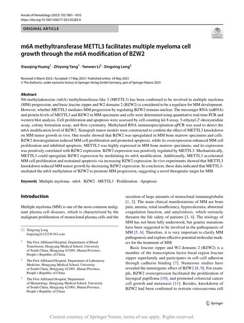 M A Methyltransferase Mettl Facilitates Multiple Myeloma Cell Growth