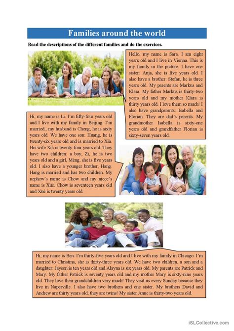 Families Around The World Reading Fo English Esl Worksheets Pdf Doc