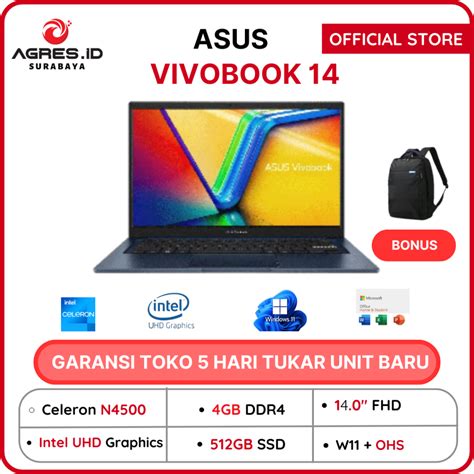 Jual Asus Vivobook 14 A1400ka N4500 4gb 512gb W11ohs 140fhd Blit Slv