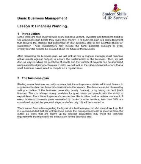 Basic Business Management Lesson Financial Planning