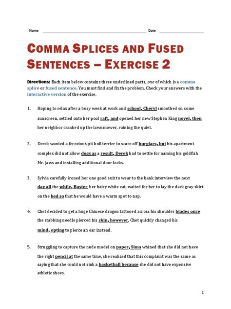 Comma Splice And Fused Sentences WRKSHT 2 PDF Worksheets Library