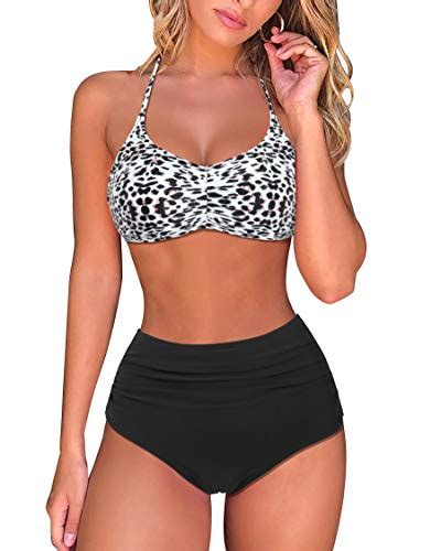 SUUKSESS Women Lace Up High Waisted Bikini Sexy Halter Swimsuit Piece Black Leopard M