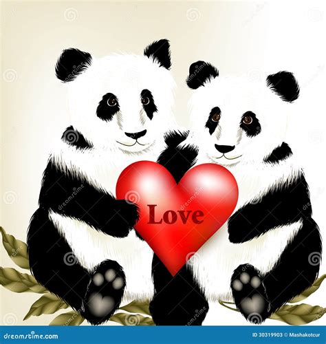 Cute Couple Of Cartoon Panda Bears Holding Big Red Heart With W Stock