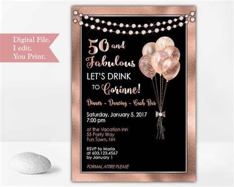 50th Birthday Party Invitation For Woman In Rose Gold Elegant