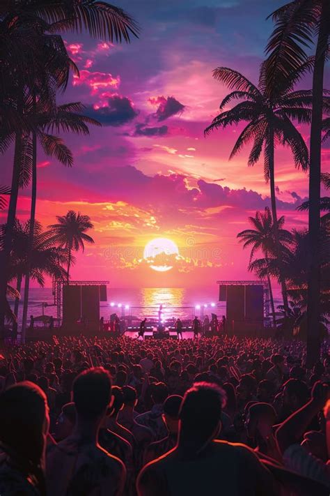 Beachside Concert At Sunset Holographic Stage Vibrant Crowd