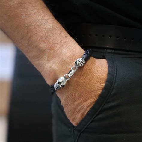 Bracelet Homme Cuir Tête De Mort Marron Et Argent ORUSBIJOUX MATY