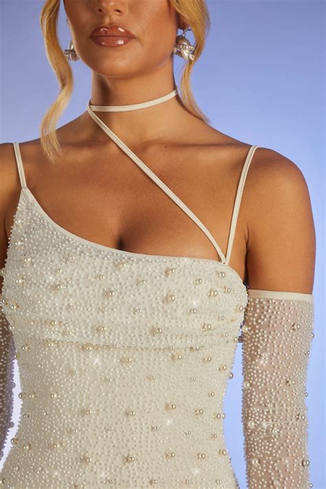 Soho Embellished Asymmetric Cowl Neck Corset Mini Dress In Ivory Oh Polly