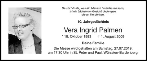 Traueranzeigen Von Vera Ingrid Palmen Aachen Gedenkt