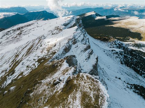 Aerial View Of Seceda Mountain In Winter Stock Photo - Download Image Now - Adventure, Aerial ...