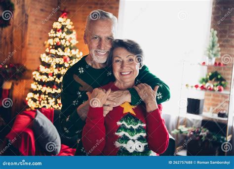 Portrait Of Two Soulmates Lovers Toothy Smile Cuddle Enjoy