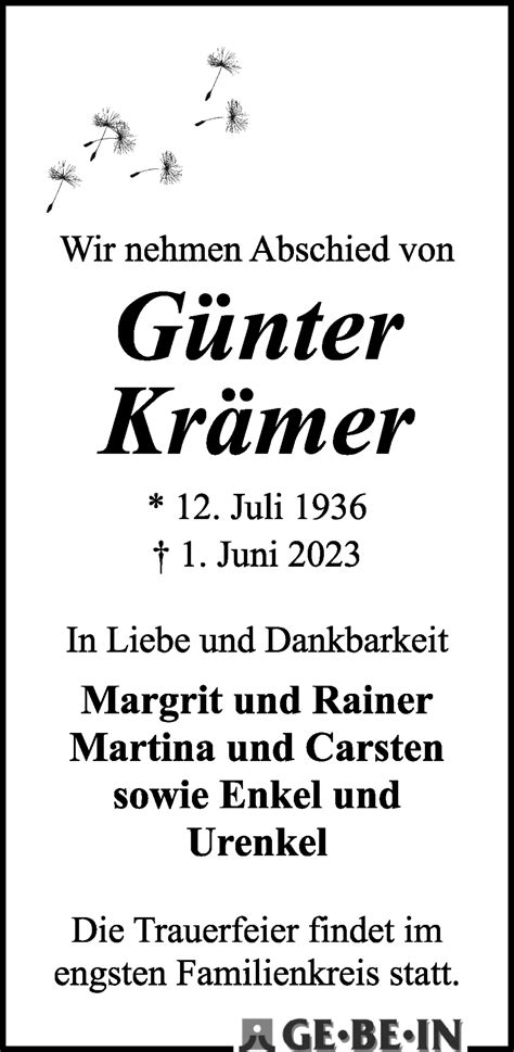 Traueranzeigen von Günter Krämer Trauer Gedenken