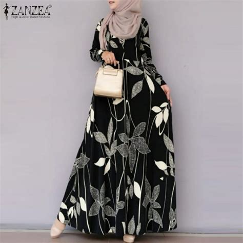 HijabFab ZANZEA Muslimah Women Muslim Floral Printed Maxi Dress Abaya