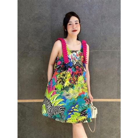 Váy đầm nữ thiết kế hoạ tiết nổi bật vai may xếp hồng độc đáo dáng suông ngang đùi hot Ảnh thật