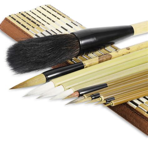 11 Pcs Chinese Calligraphy Brushes Set With Bamboo Holder Japanese