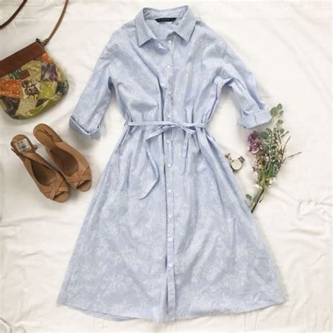 Zara Dresses Zara Light Blue Striped Floral Midi Shirt Dress S