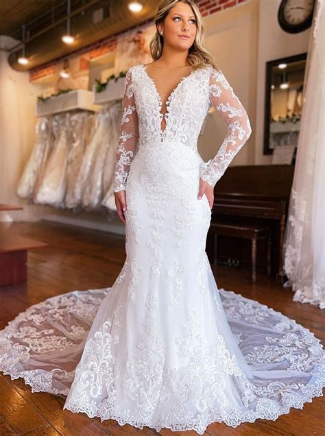 Trumpet Illusion Neckline Long Sleeve Wedding Dress Comelyme