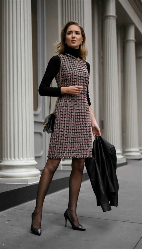 Client Meeting Tweed Fit And Flare Houndstooth Dress Black Layering