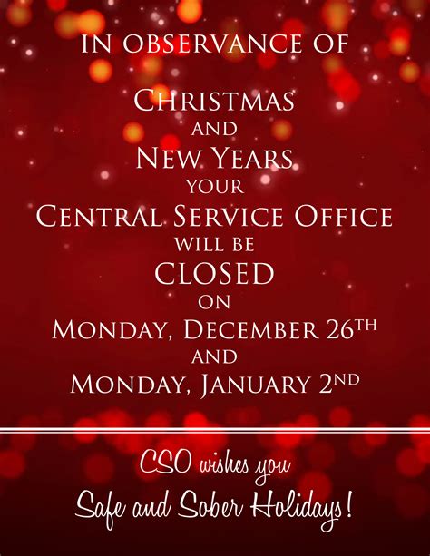 Central Service Office Will Be CLOSED For Christmas And New Years