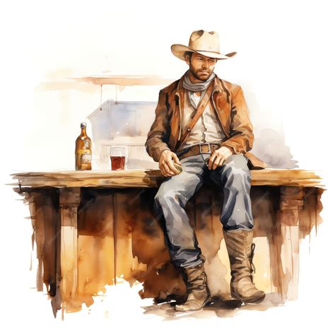 Premium Photo | Watercolor cartoon Cowboy in a saloon western wild west ...