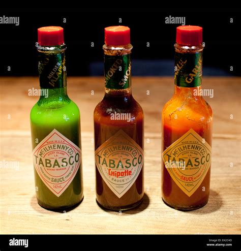 Bottles of Tabasco sauce Jalapeño based green chipotle based smoked