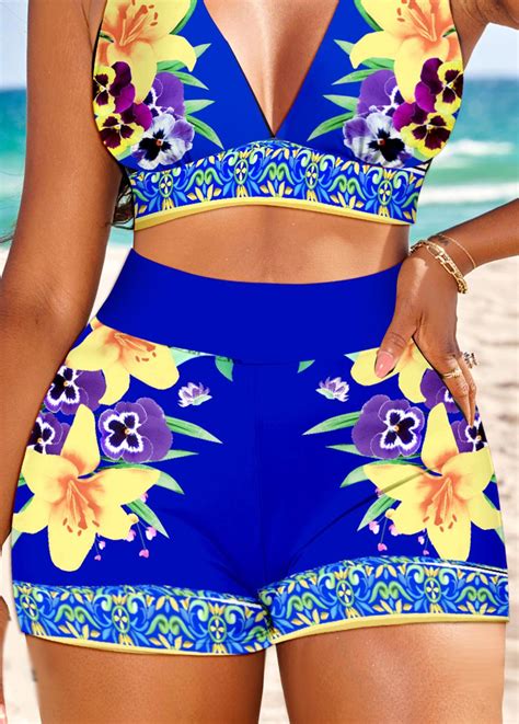 Floral Print Tie Royal Blue Bikini Top Rosewe USD 19 98