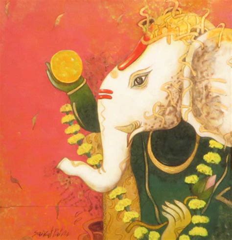 Ganesh, Mixed Media on Canvas, Red, Yellow, Green, Pink, Brown, Cream ...