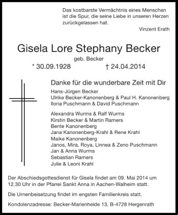 Traueranzeigen Von Gisela Lore Stephany Becker Aachen Gedenkt