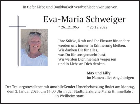 Traueranzeigen Von Eva Maria Schweiger Trauer Merkur De