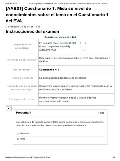 Examen Aab01 Cuestionario 1 Mida Su Nivel De Conocimientos Sobre El Tema En El