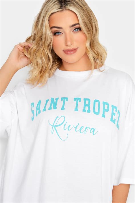 Yours Curve Plus Size White Saint Tropez Slogan Oversized Boxy T