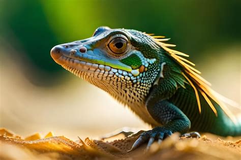 Premium Photo | A lizard with a green and blue tail sits on a leaf.