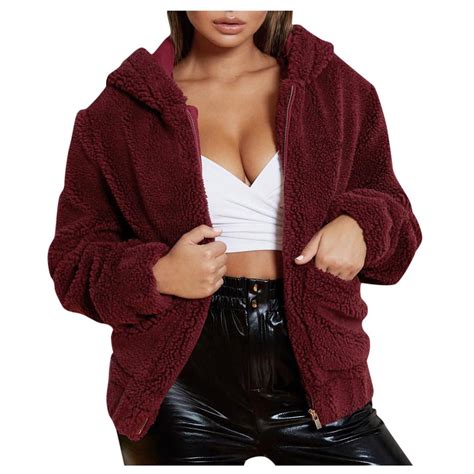 Buy Women S Coat Lapel Fleece Fuzzy Faux Shearling Zipper Hooded Warm