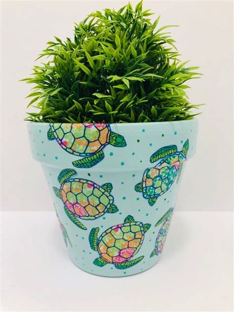 Decoupaged Terracotta Flower Pot Colourful Turtles Design Etsy