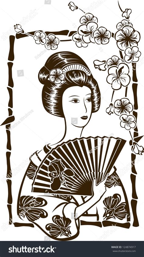 Traditional Japanese Geisha Fan Stencil Stickers Stock Vector Royalty