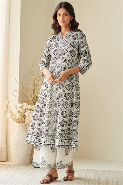 Buy White Hand Block Printed A Line Cotton Kurta For Women FGMK23 196