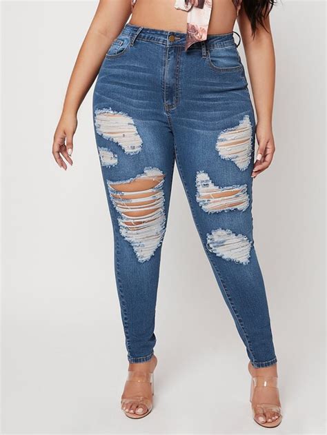 Shein Sxy Plus High Waist Ripped Moustache Effect Skinny Jeans Shein Usa