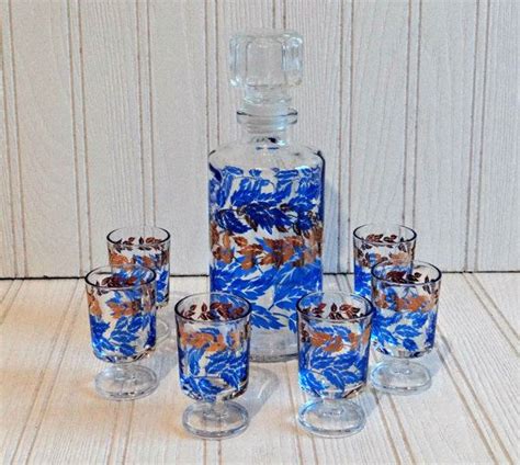 Vintage Decanter Set With 6 Matching Glasses Made In France 1960s Blue And Gold Leaf Design