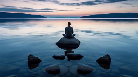 Premium AI Image | Meditation alone on a rock by the river Beautiful sky Enhancing AI Generative