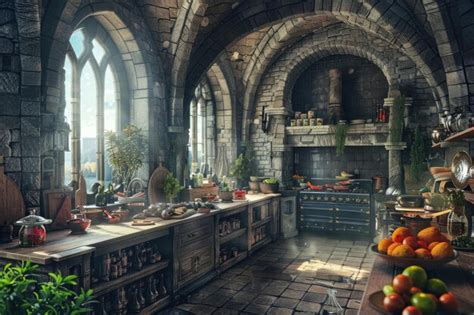 A 3D rendering of a fantasy kitchen in a castle with magical